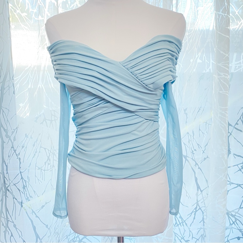 SELF-PORTRAIT BLUE OFF THE SHOULDER SHEER LONG SLEEVE JERSEY CROSSOVER TOP